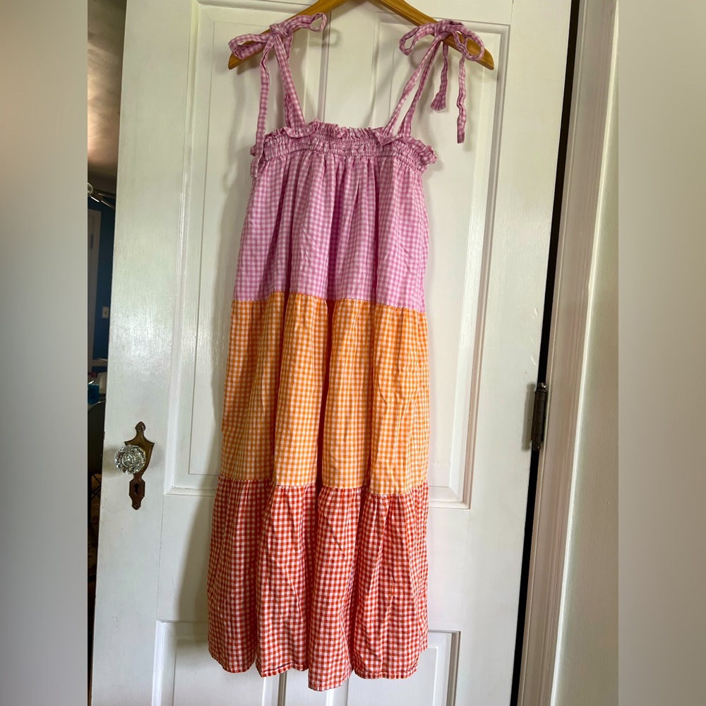 Entro gingham tie strap ruffle tiered sundress size small - orange, pink & red